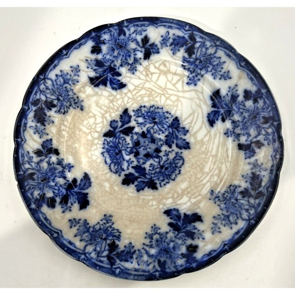 Mercer Flow Blue Plate Antique 1800s Semi Vitreous China 8.75" Floral Cobalt Vtg